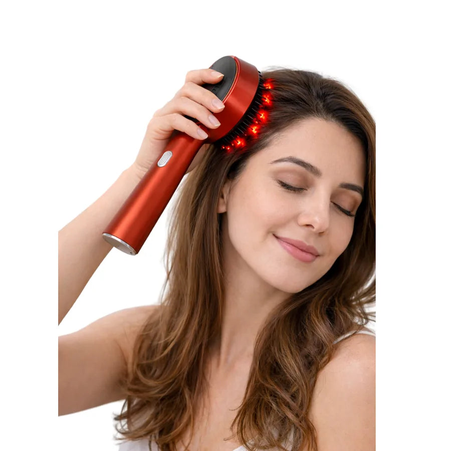 Escova Massageadora para Couro Cabeludo com Luz Vermelha 630 nm, 3 Modos e Reservatório de 6 ml