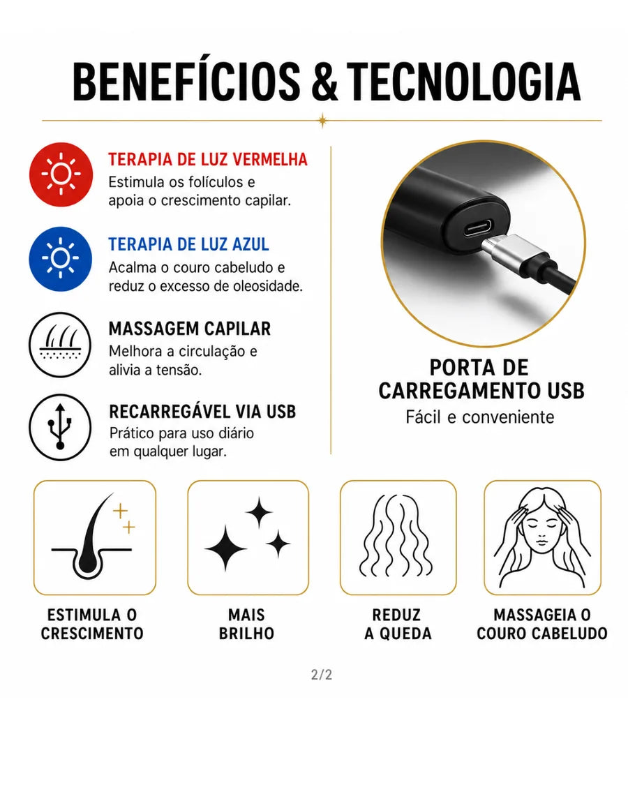 Escova Massageadora Capilar com LED 4 em 1 e Serum Principia para Estimulo de Crescimento e Fortalecimento dos Cabelos - foto 3